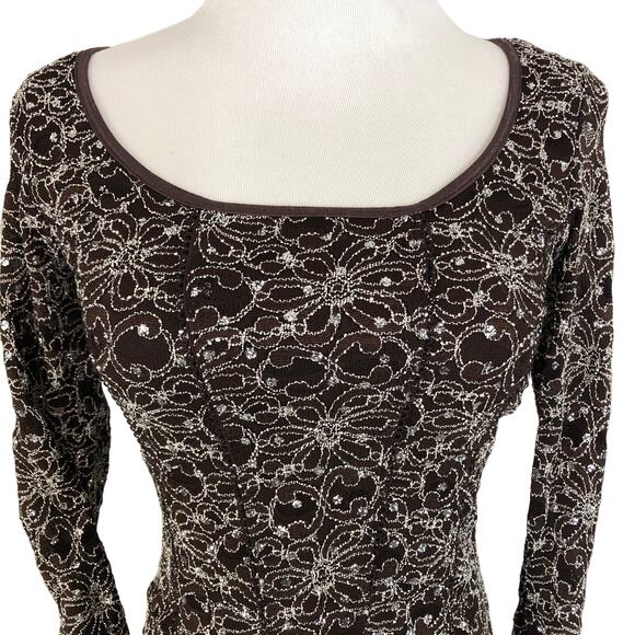 Moa Moa Evening Bodycon Glitter Blouse Scoop Neck Size Small Brown - Picture 5 of 9